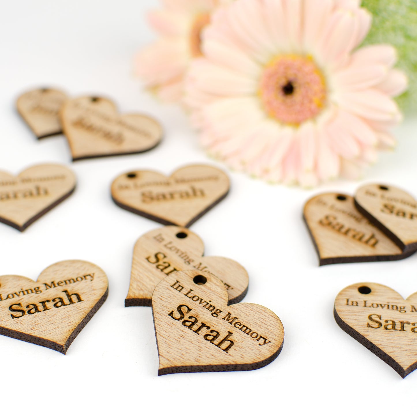 Funeral Favours, Personalised 4cm Wooden Heart Decorations.