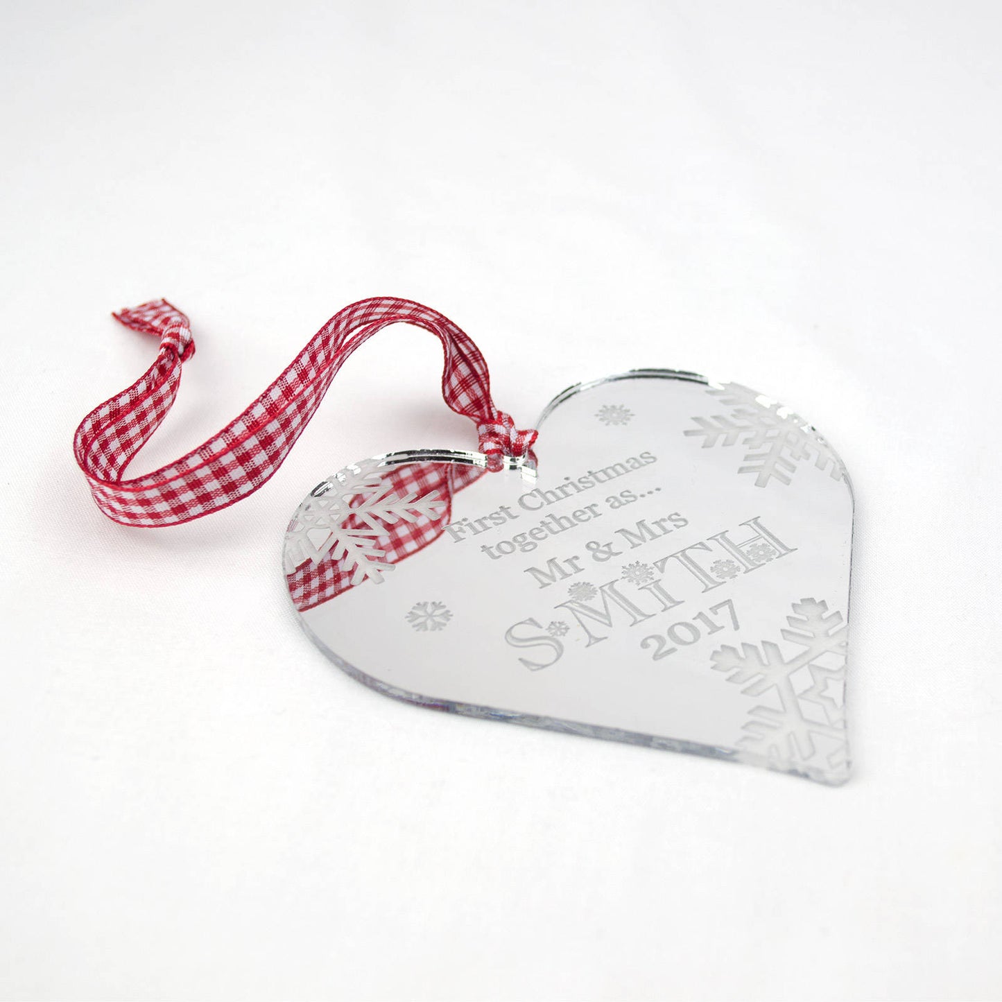 First Christmas Together, Personalised Heart Christmas Decoration, Mirrored.