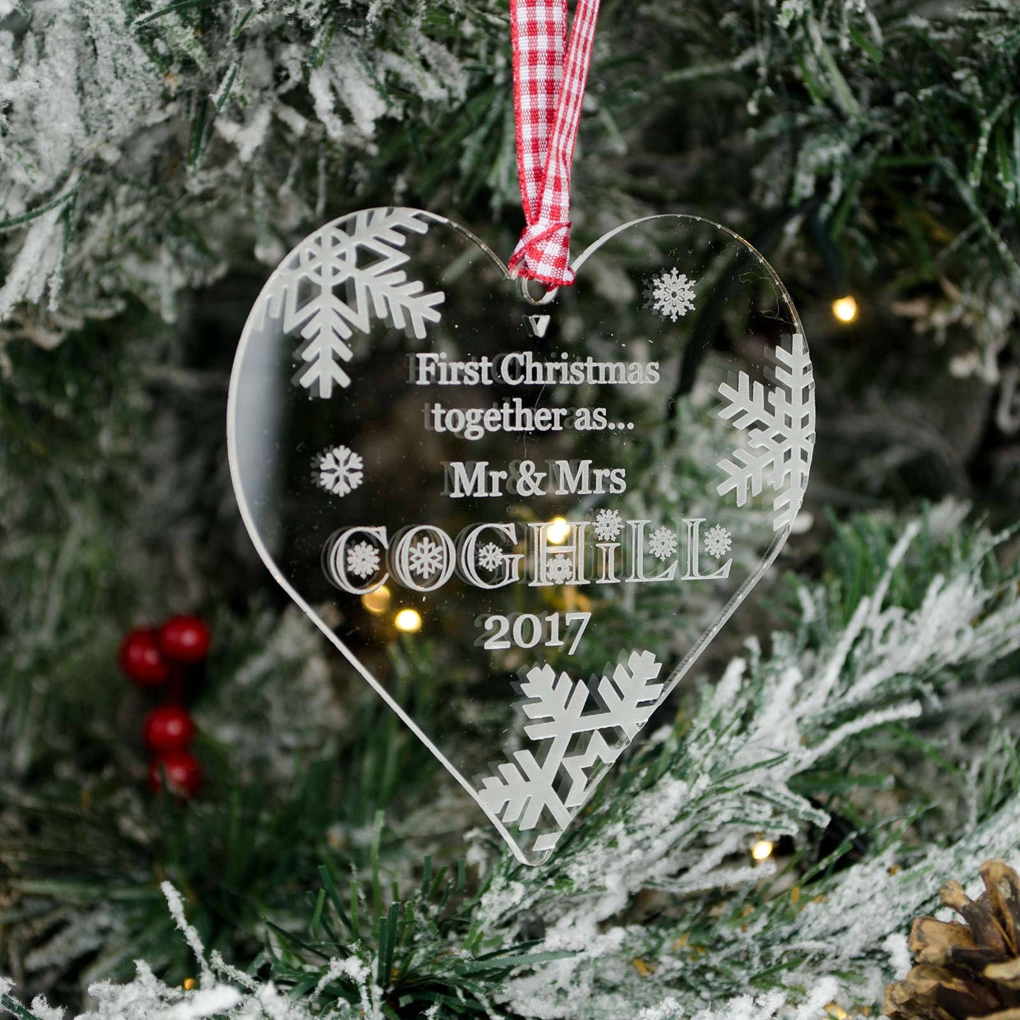 First Christmas Together, Personalised Heart Christmas Decoration, Clear.