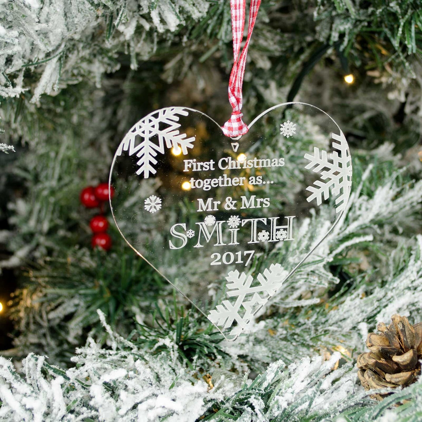 First Christmas Together, Personalised Heart Christmas Decoration, Clear.