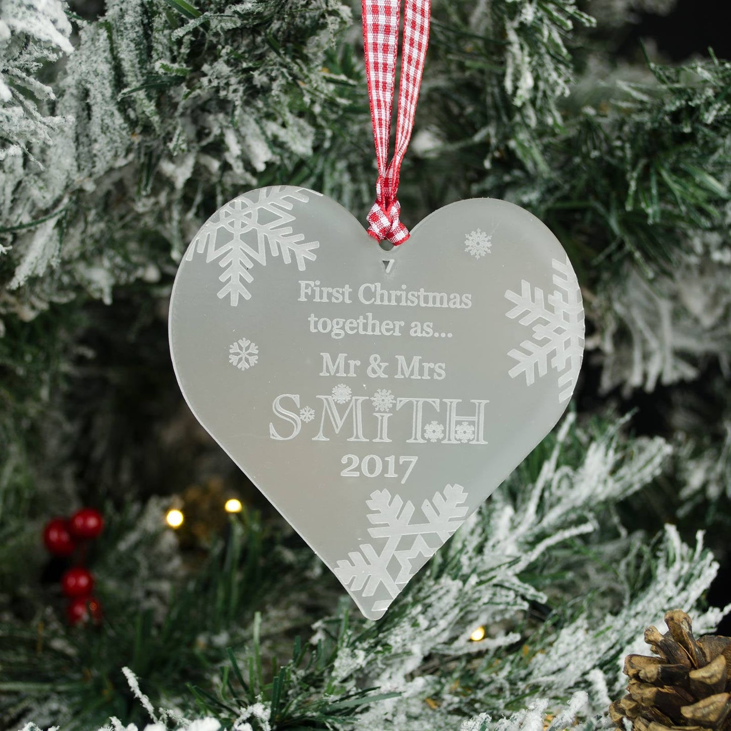 First Christmas Together, Personalised Heart Christmas Decoration, Frosted.