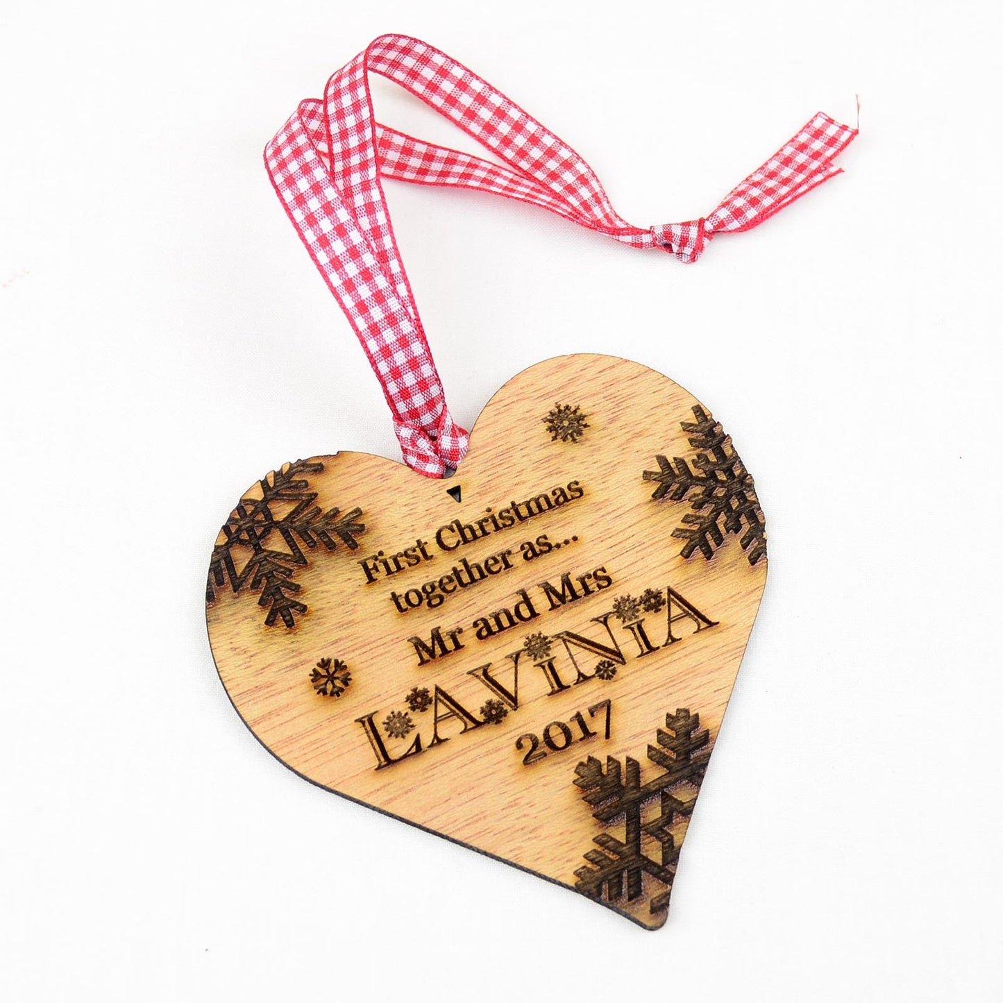 First Christmas Together, Personalised Heart Christmas Decoration, Wood.