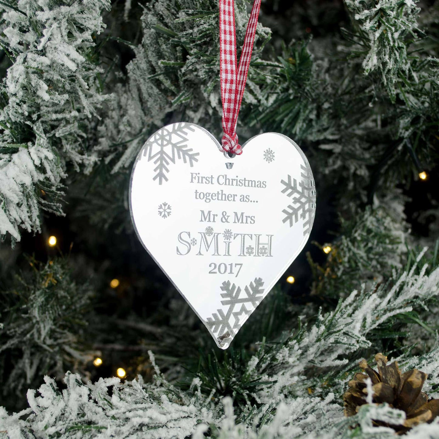 First Christmas Together, Personalised Heart Christmas Decoration, Mirrored.