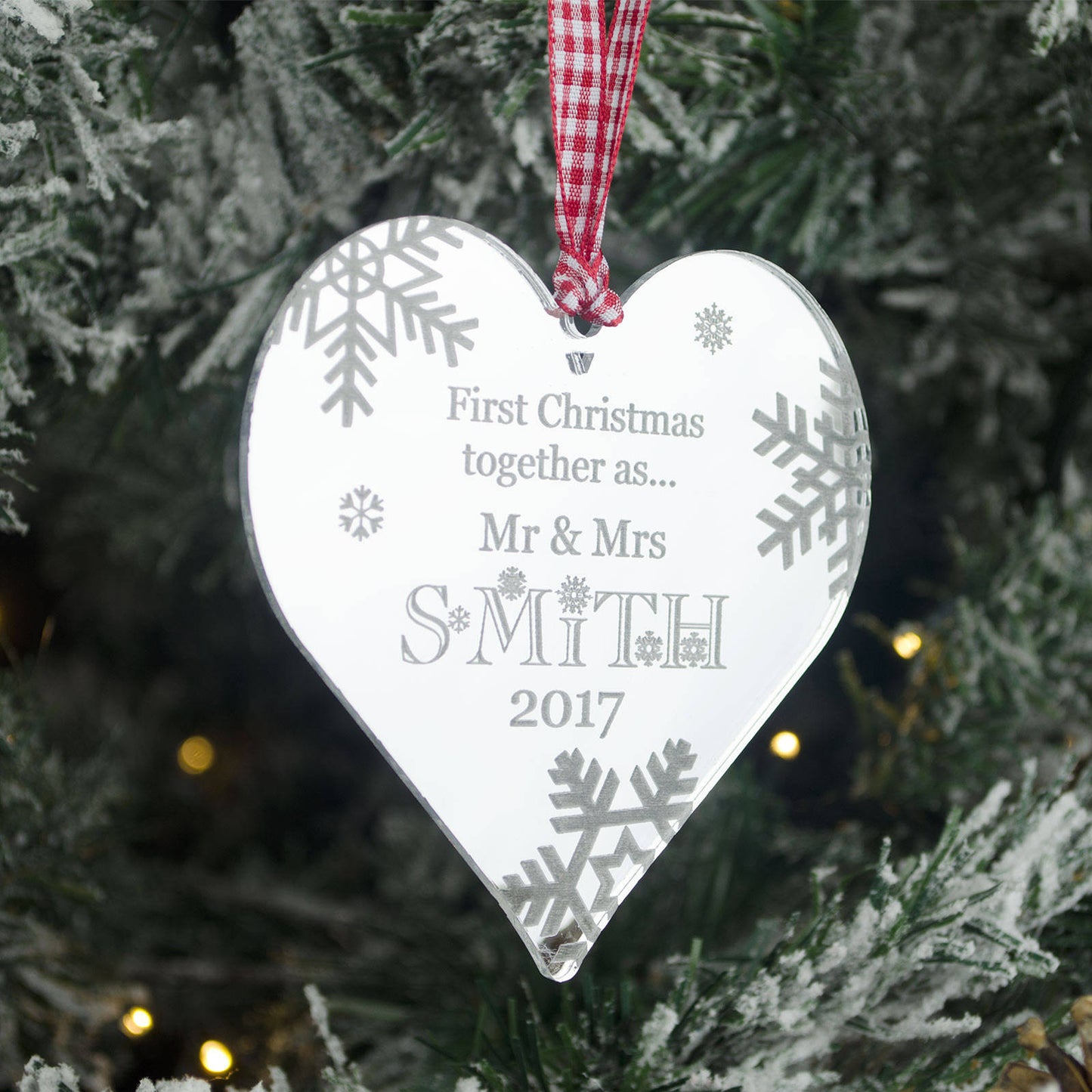 First Christmas Together, Personalised Heart Christmas Decoration, Mirrored.