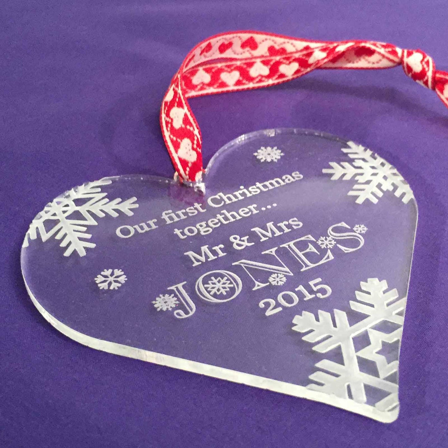 First Christmas Together, Personalised Heart Christmas Decoration, Clear.