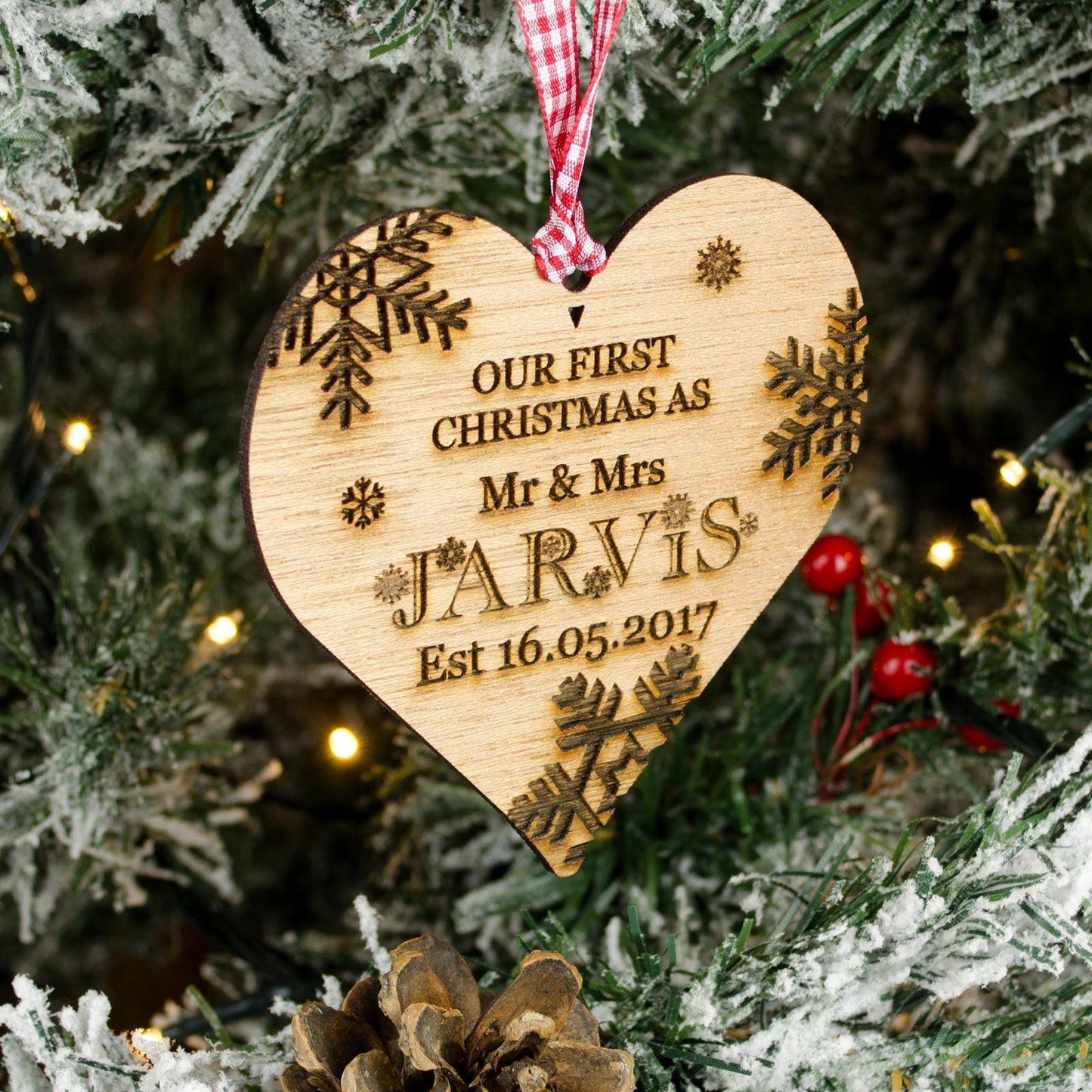 First Christmas Together, Personalised Heart Christmas Decoration, Wood.