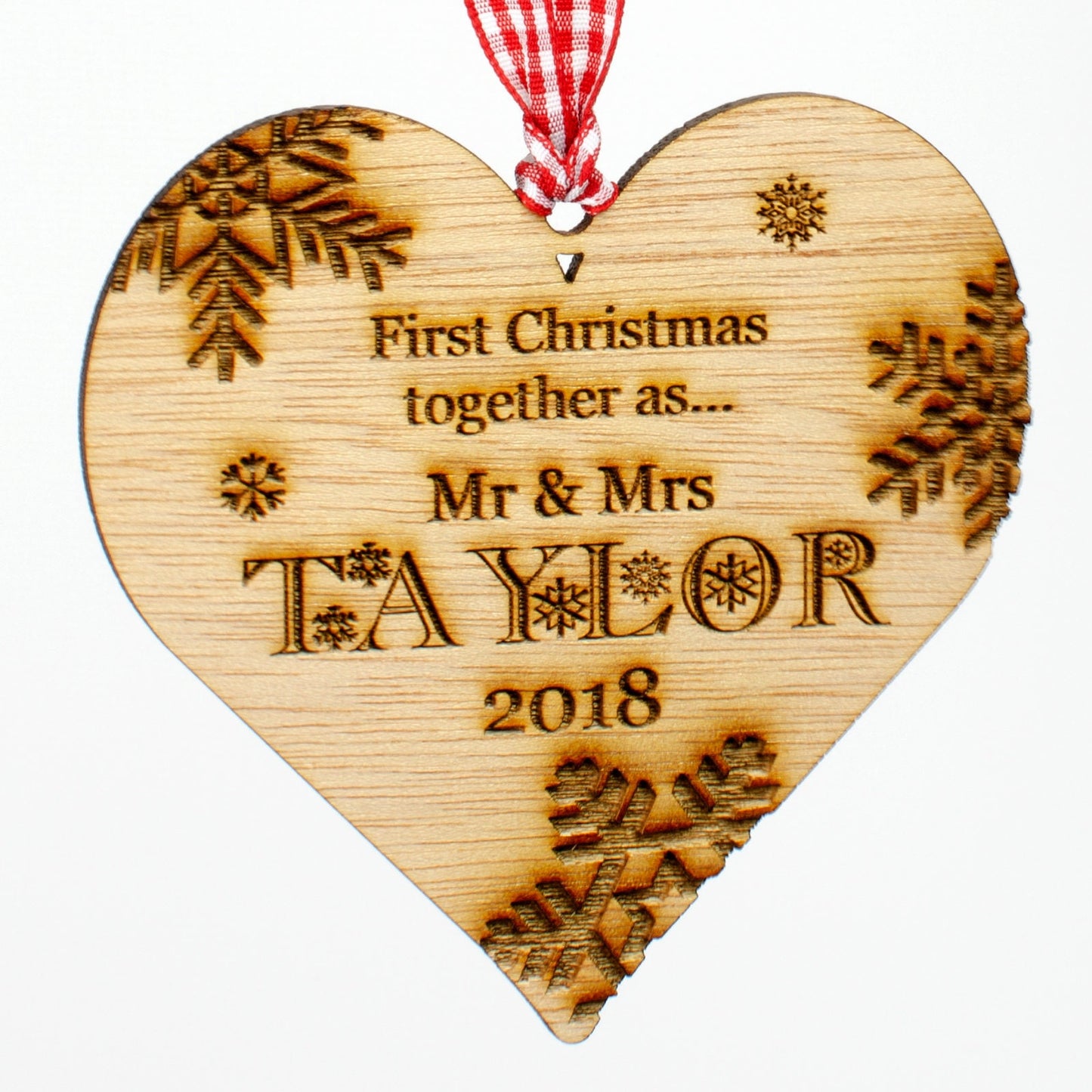 First Christmas Together, Personalised Heart Christmas Decoration, Wood.
