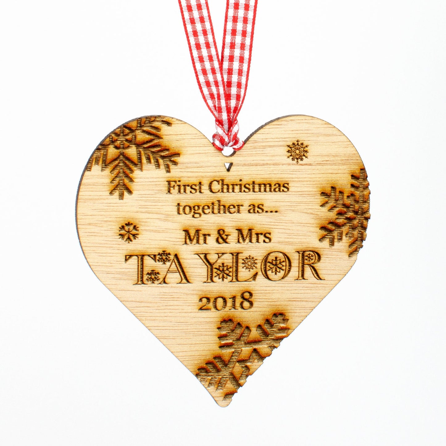 First Christmas Together, Personalised Heart Christmas Decoration, Wood.
