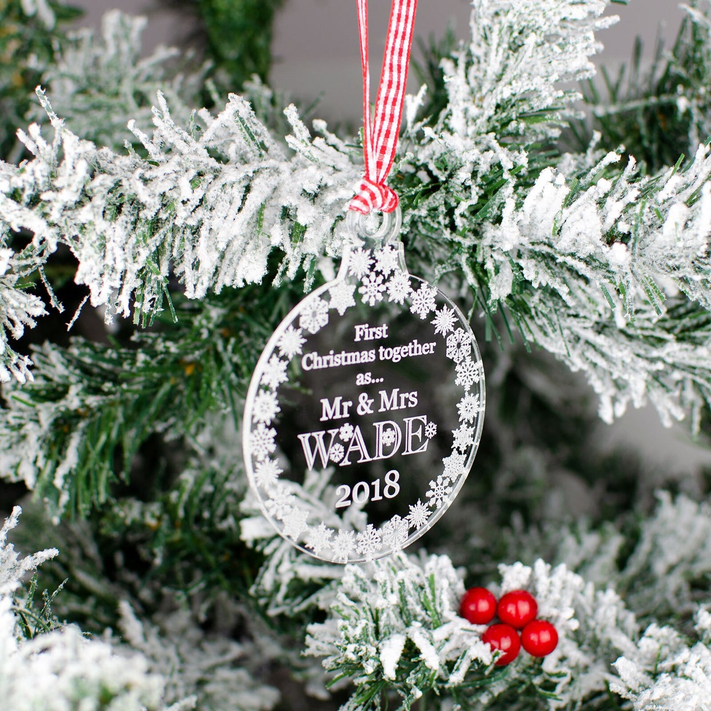 Personalised Mr & Mrs Christmas Decoration, Clear.