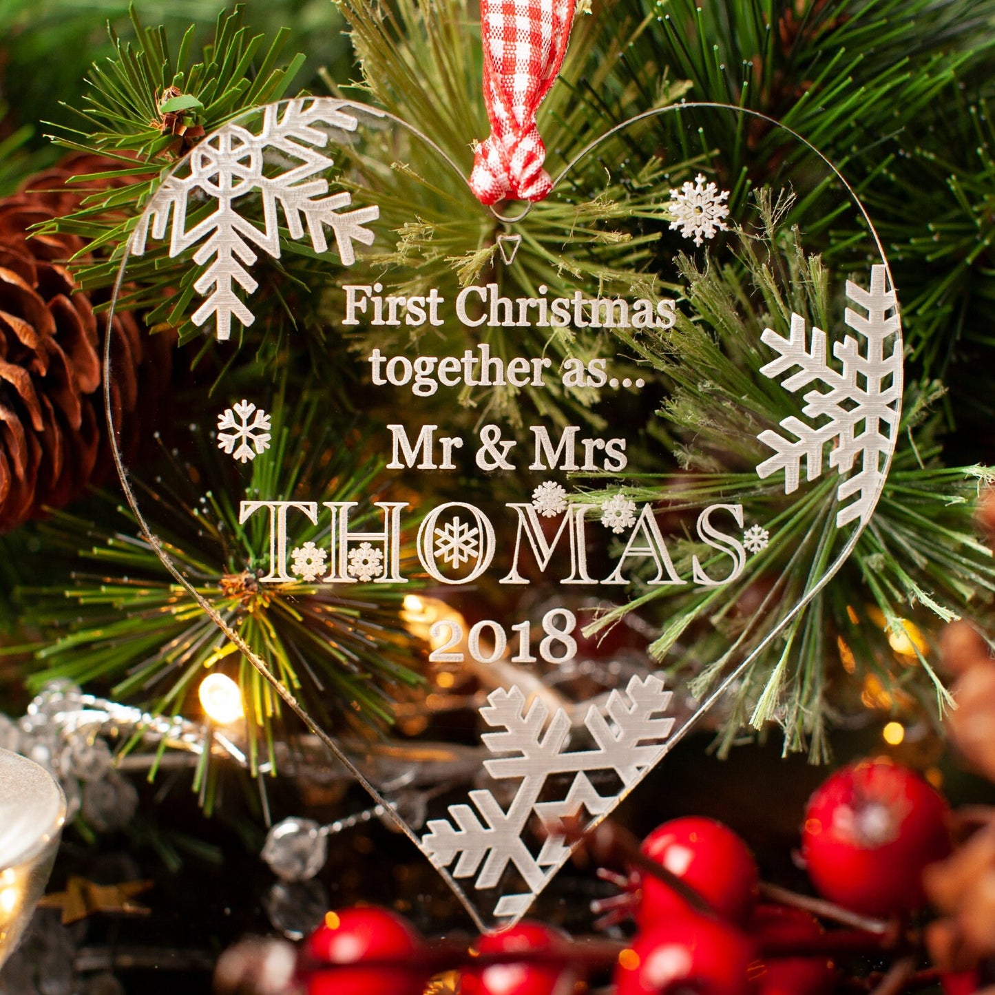 First Christmas Together, Personalised Heart Christmas Decoration, Clear.