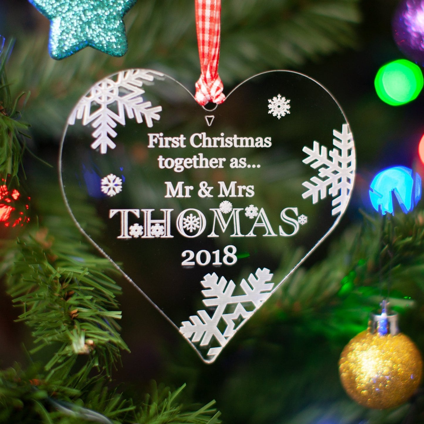 First Christmas Together, Personalised Heart Christmas Decoration, Clear.