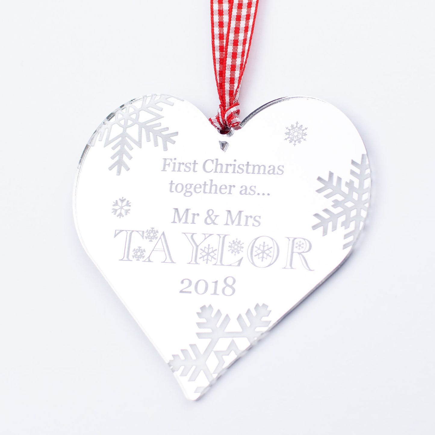 First Christmas Together, Personalised Heart Christmas Decoration, Mirrored.