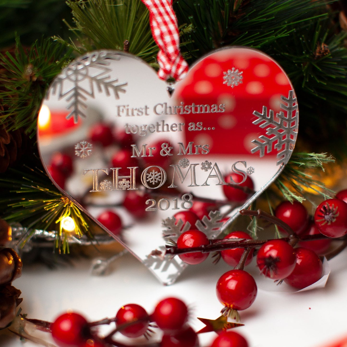 First Christmas Together, Personalised Heart Christmas Decoration, Mirrored.