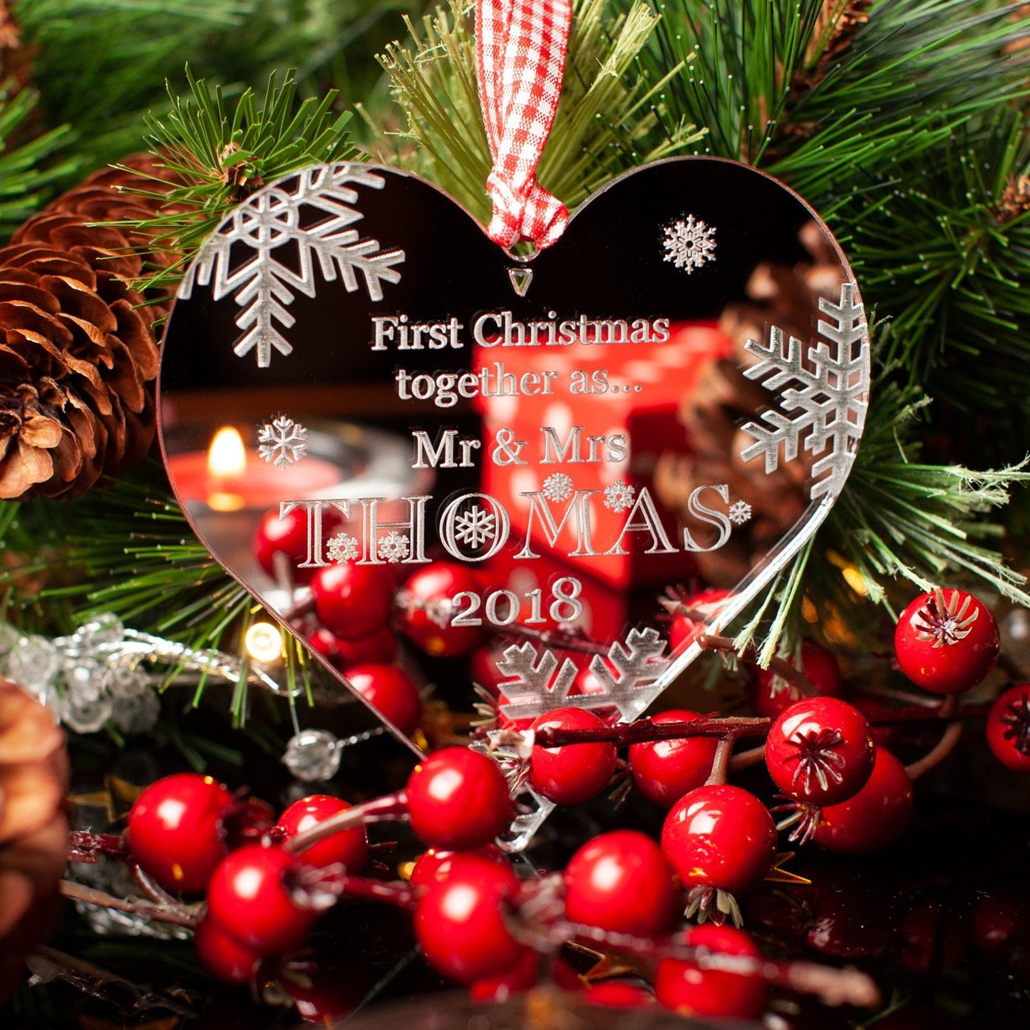 First Christmas Together, Personalised Heart Christmas Decoration, Mirrored.