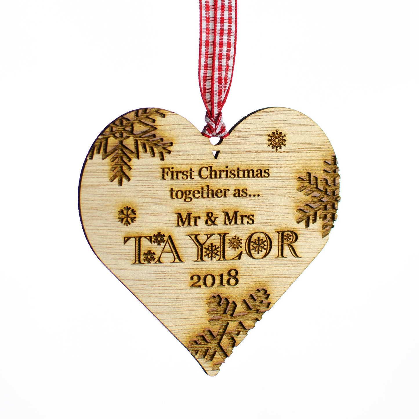 First Christmas Together, Personalised Heart Christmas Decoration, Wood.