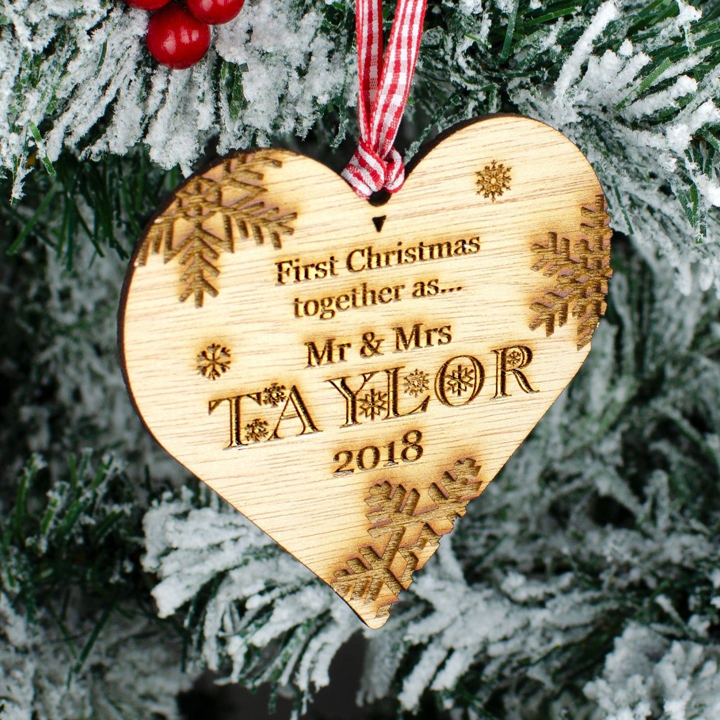 First Christmas Together, Personalised Heart Christmas Decoration, Wood.
