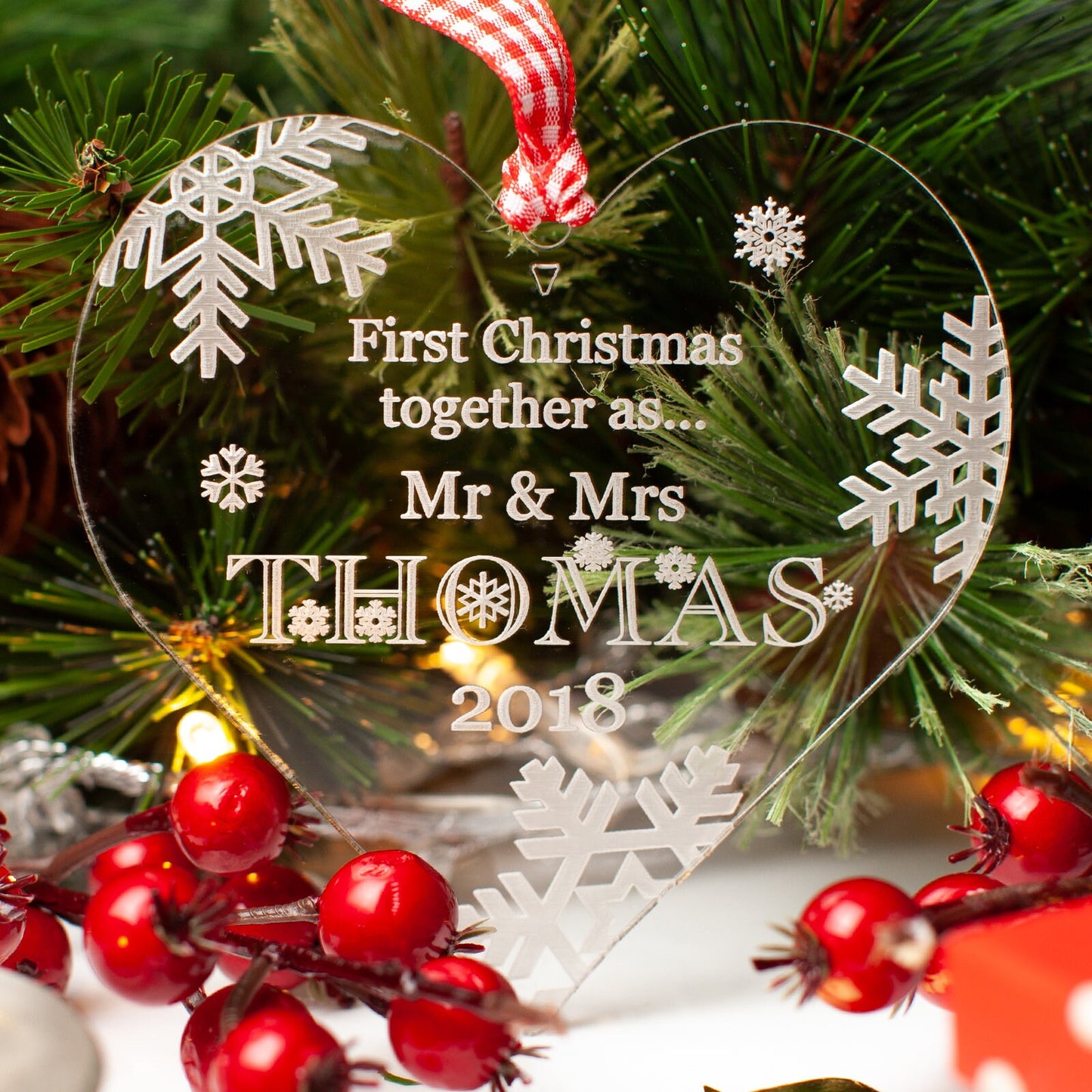 First Christmas Together, Personalised Heart Christmas Decoration, Clear.