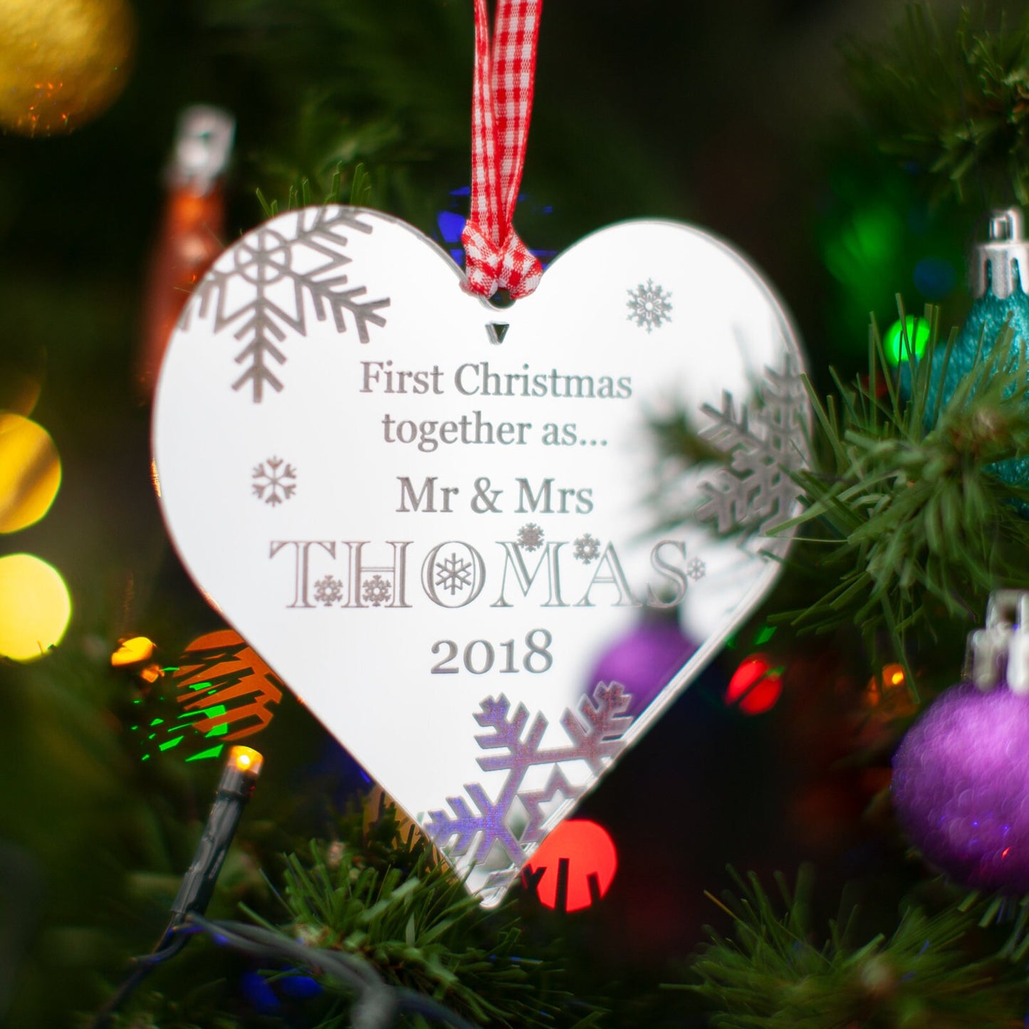 First Christmas Together, Personalised Heart Christmas Decoration, Mirrored.