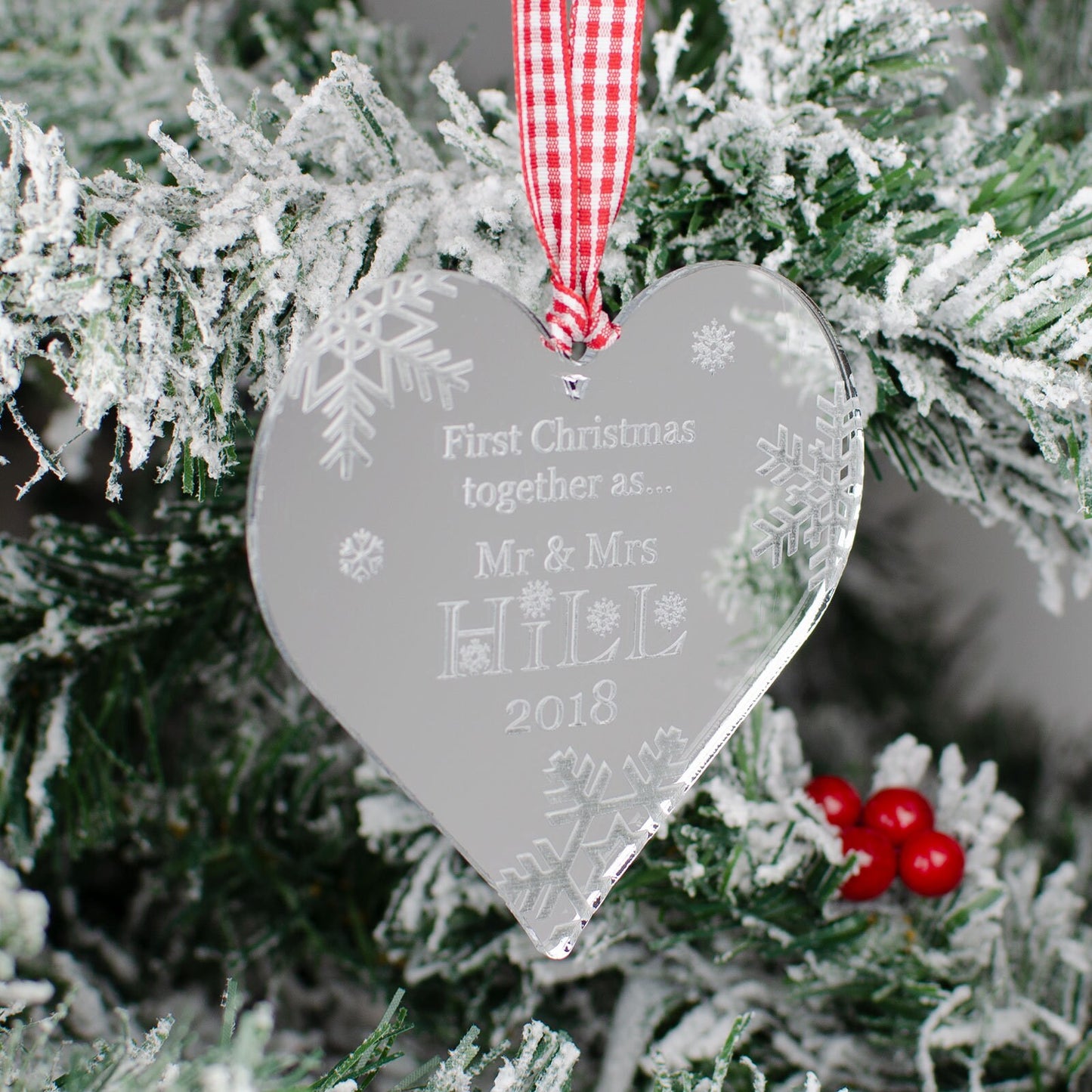 First Christmas Together, Personalised Heart Christmas Decoration, Mirrored.