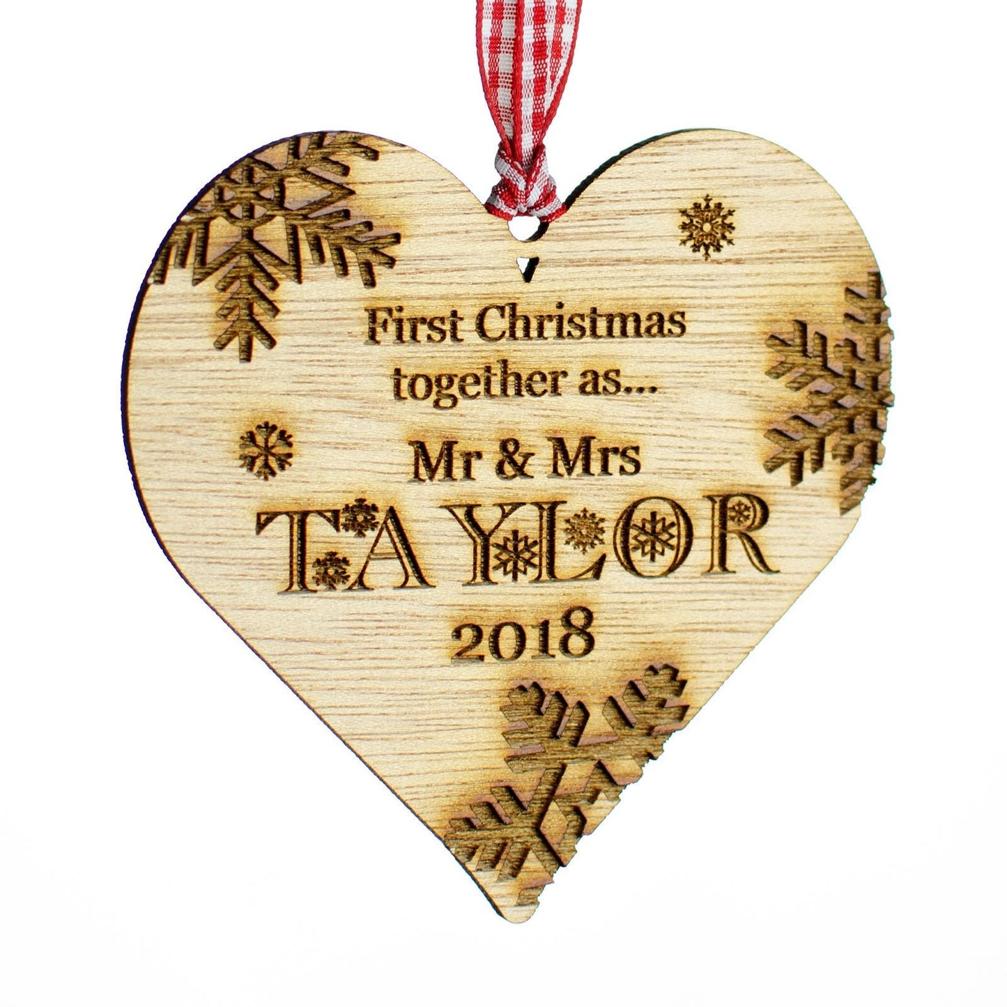 First Christmas Together, Personalised Heart Christmas Decoration, Wood.