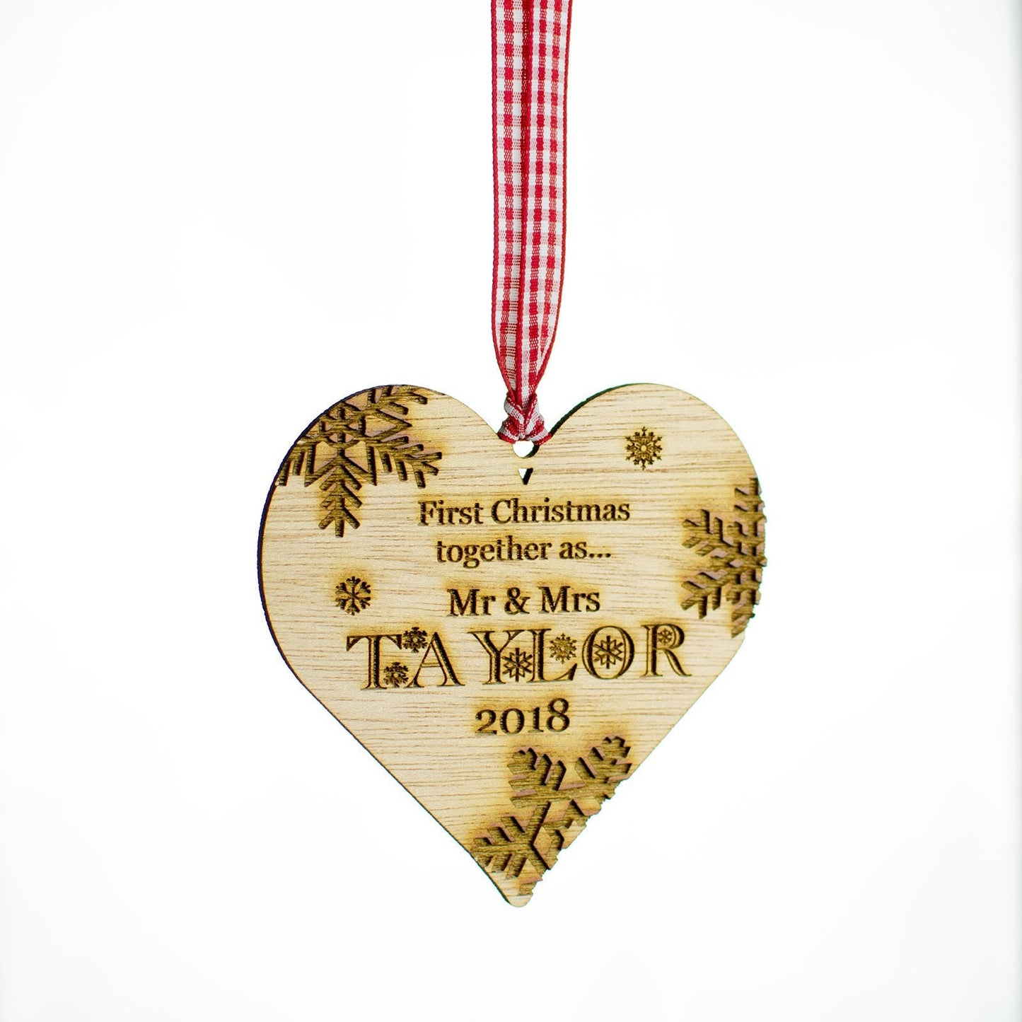 First Christmas Together, Personalised Heart Christmas Decoration, Wood.