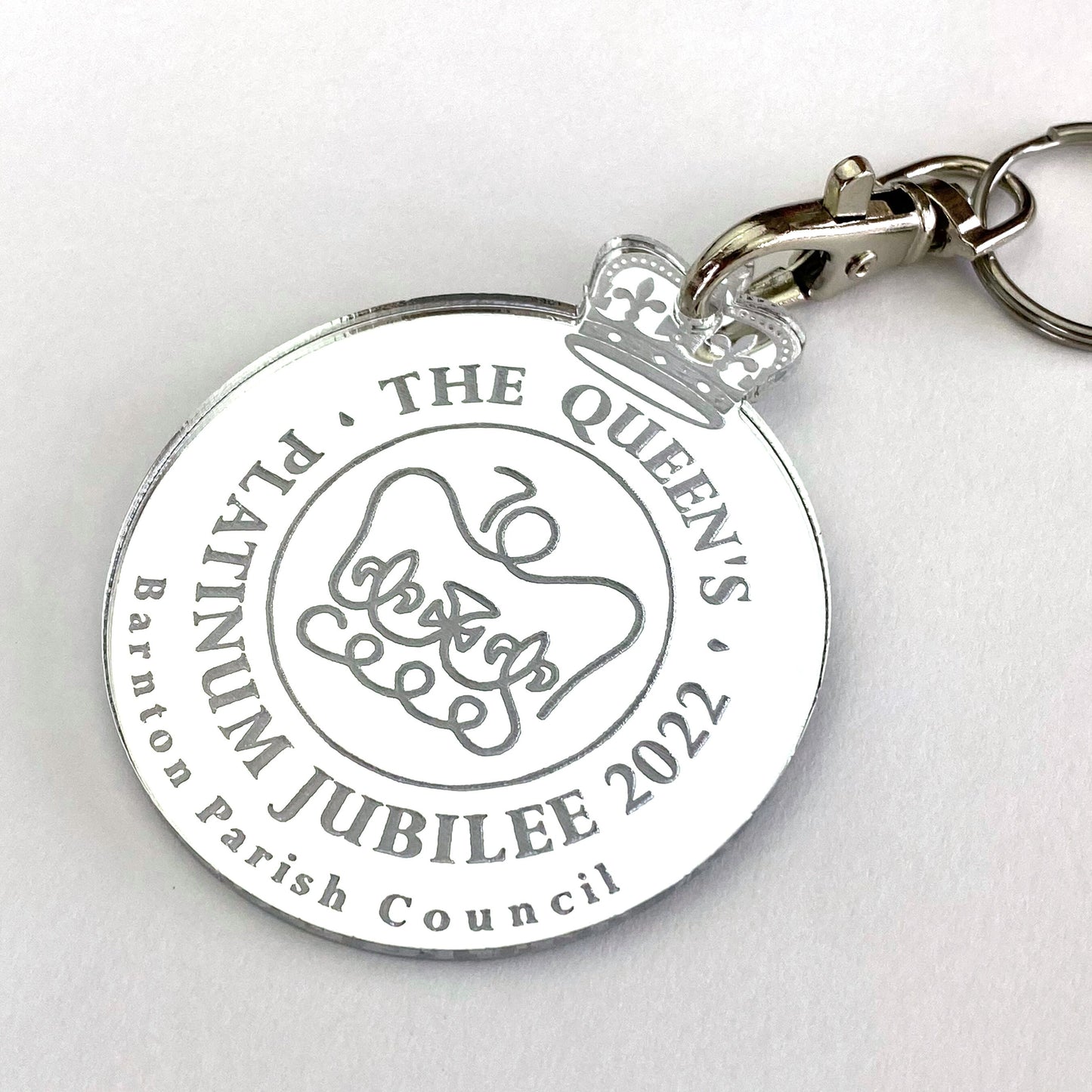 Queen’s Platinum Jubilee Celebration Pendant, Silver. Personalised Key Ring.