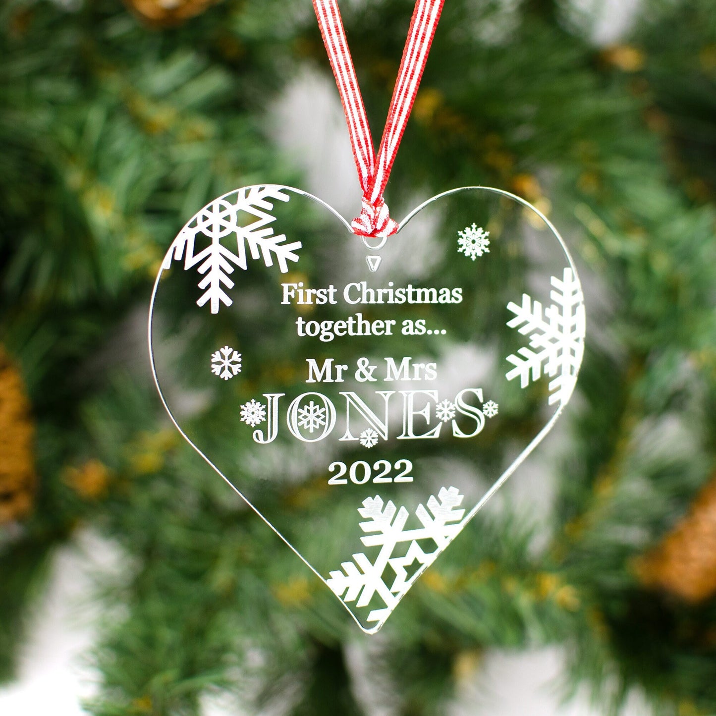 First Christmas Together, Personalised Heart Christmas Decoration, Clear.