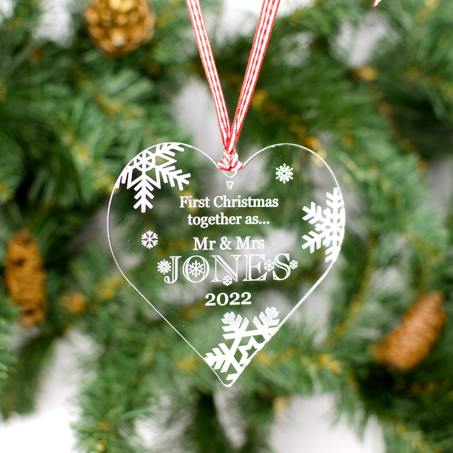 First Christmas Together, Personalised Heart Christmas Decoration, Clear.