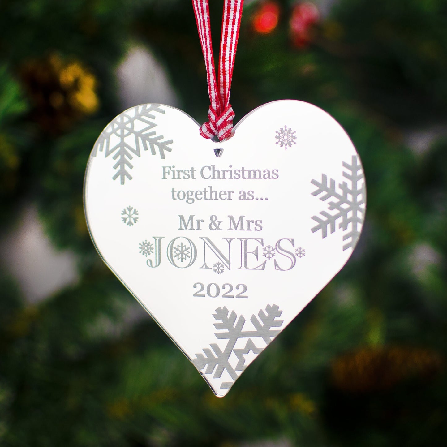 First Christmas Together, Personalised Heart Christmas Decoration, Mirrored.