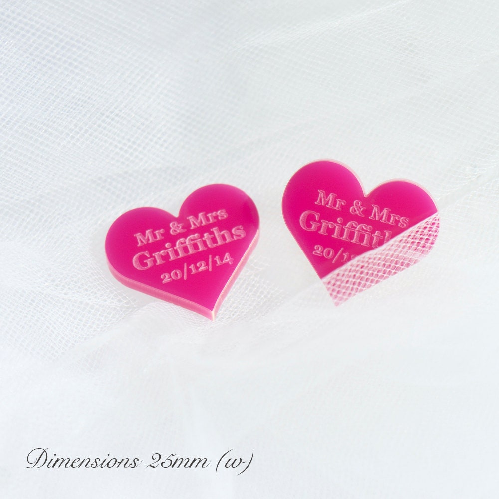 Personalised 25mm Cerise Acrylic Hearts.