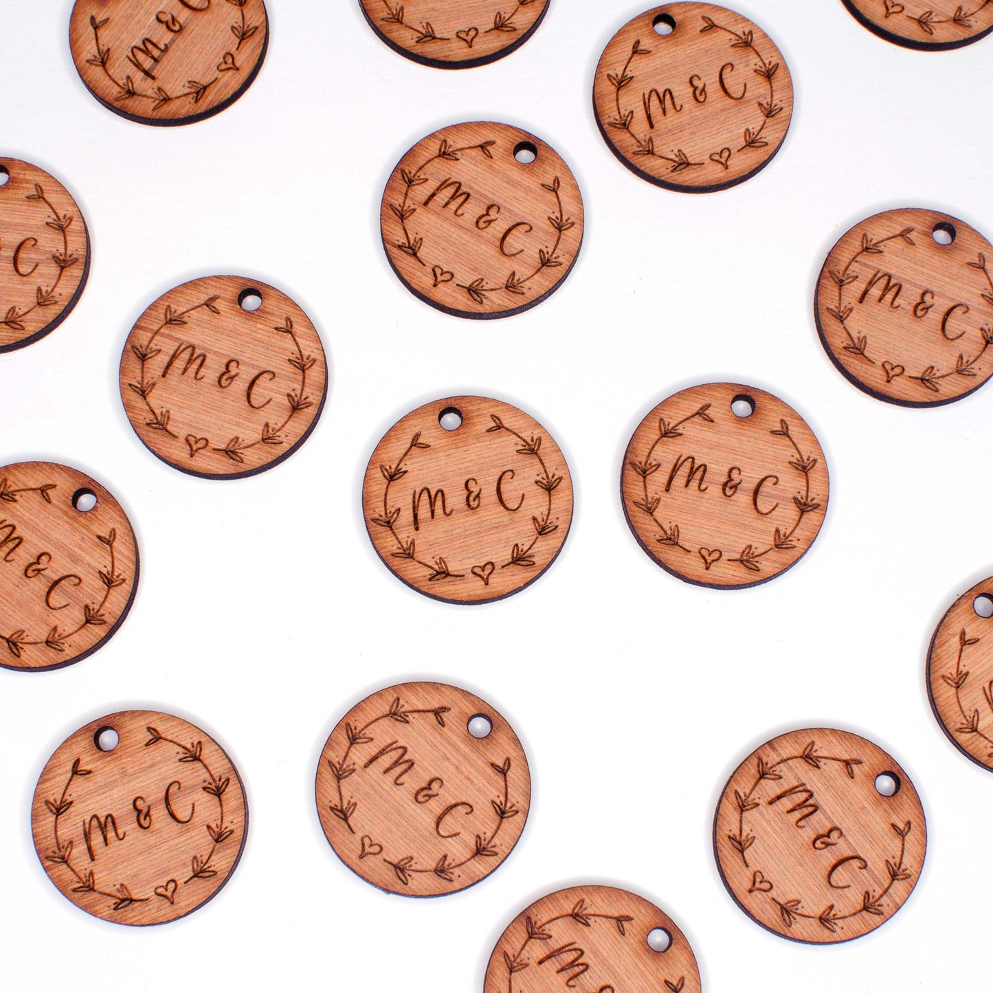 Round Wooden Favours with Flower Motif.