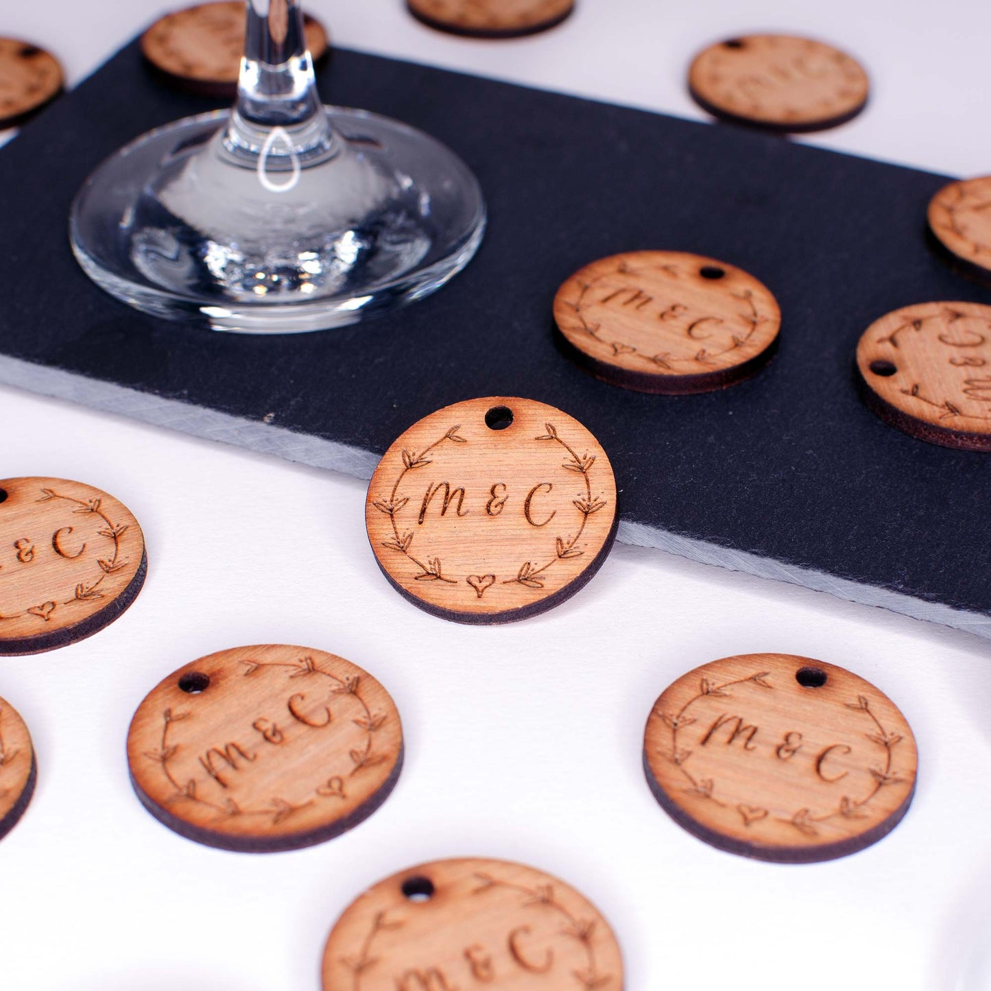 Round Wooden Favours with Flower Motif.