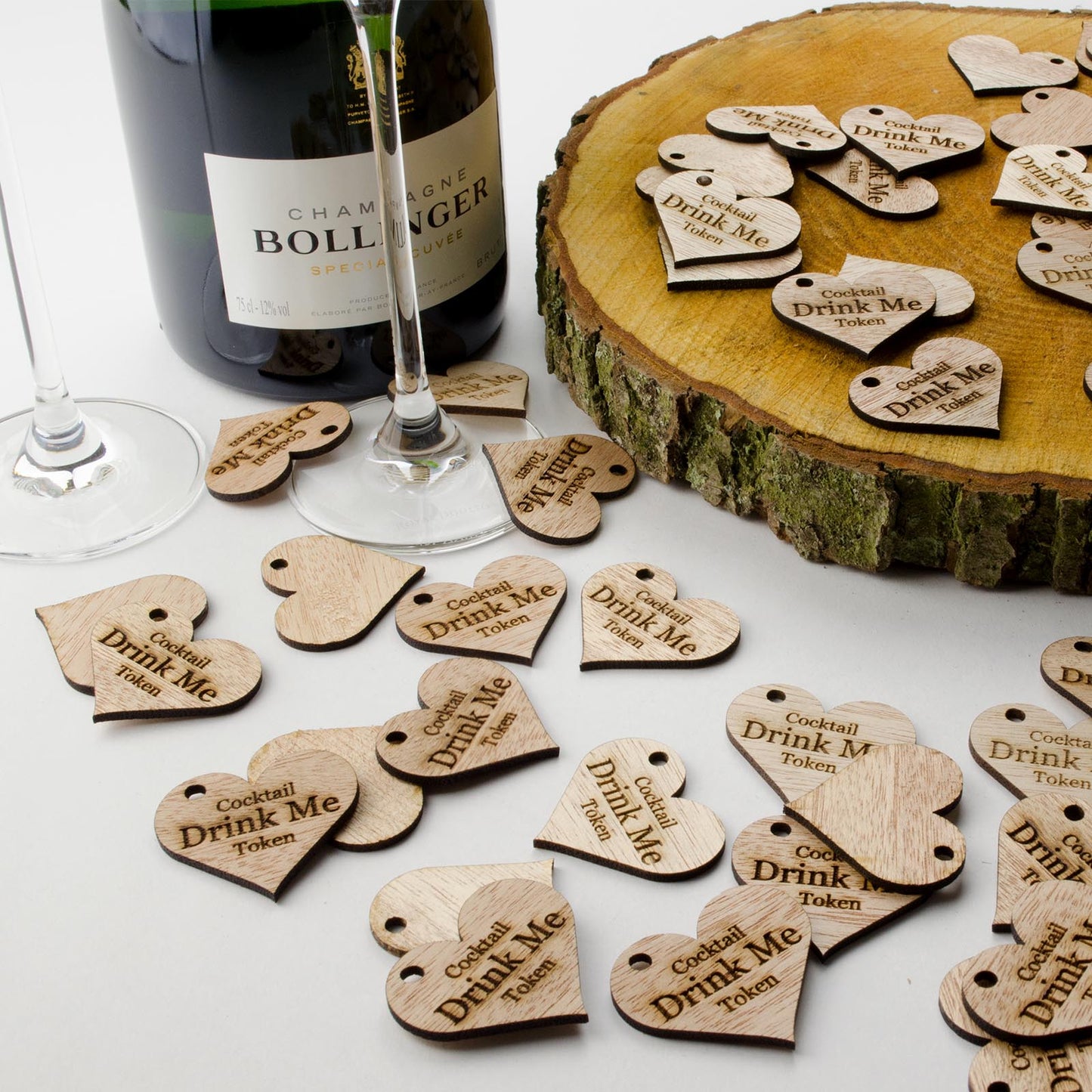 Personalised Wooden Drink Tokens - 4cm Hearts.