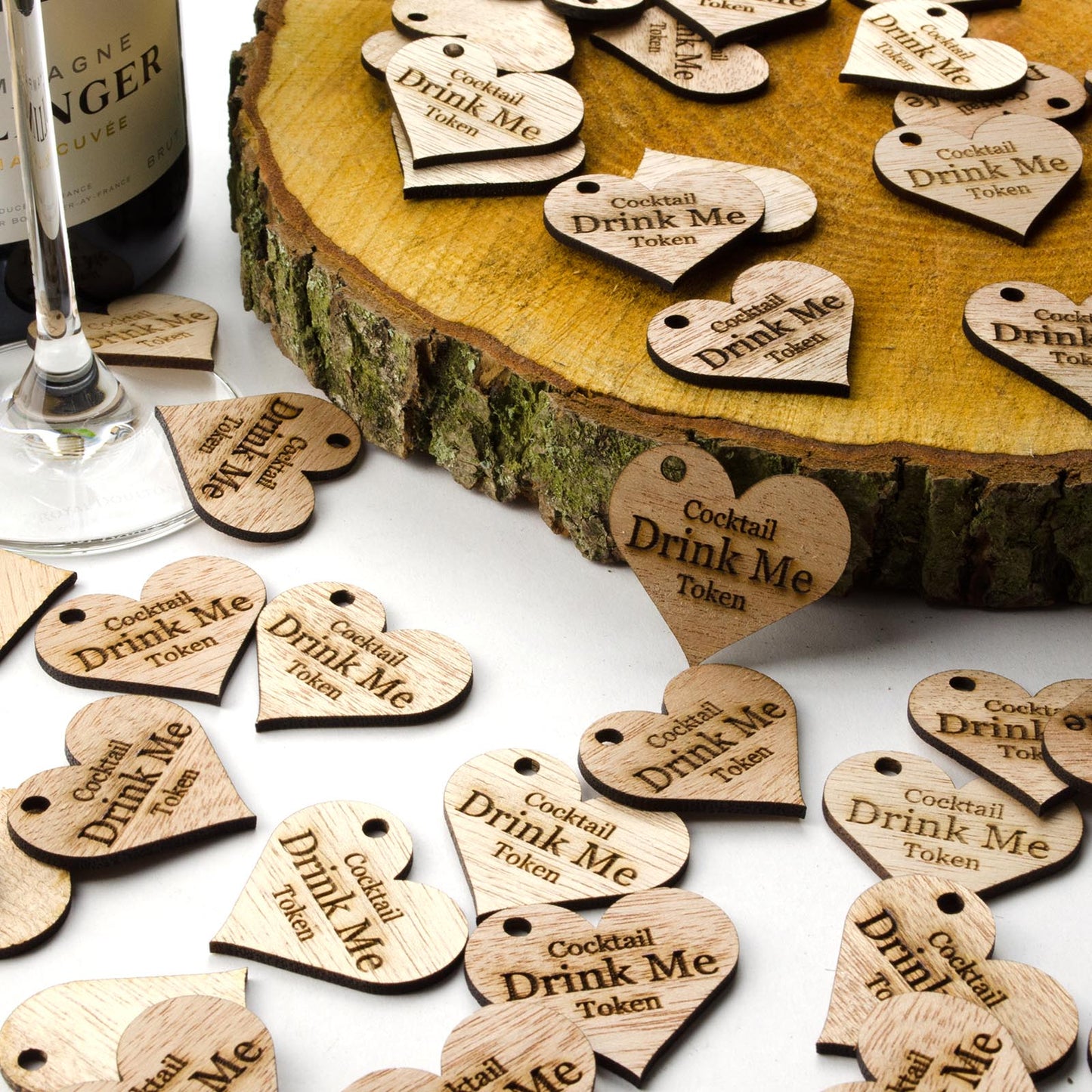 Personalised Wooden Drink Tokens - 4cm Hearts.