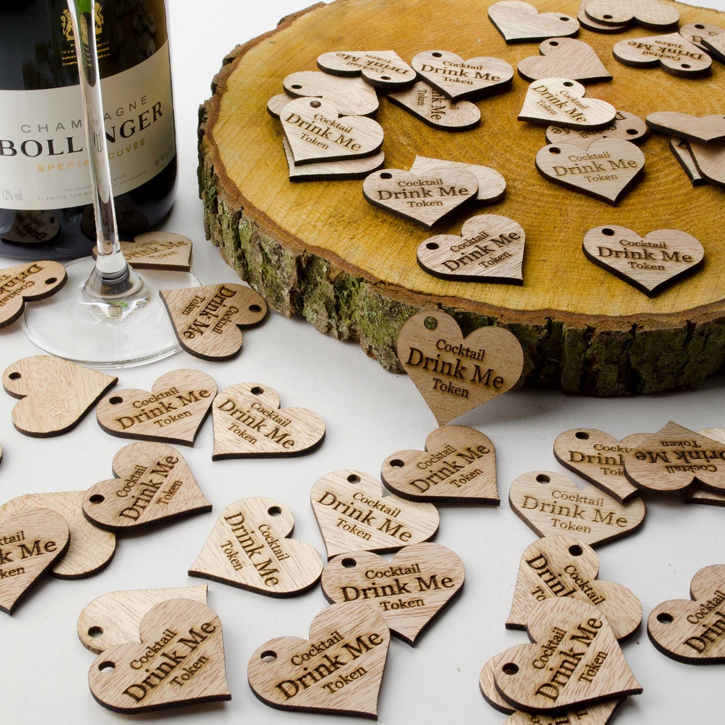 Personalised Wooden Drink Tokens - 4cm Hearts.