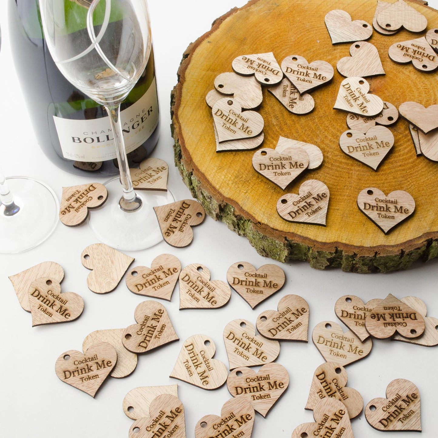 Personalised Wooden Drink Tokens - 4cm Hearts.