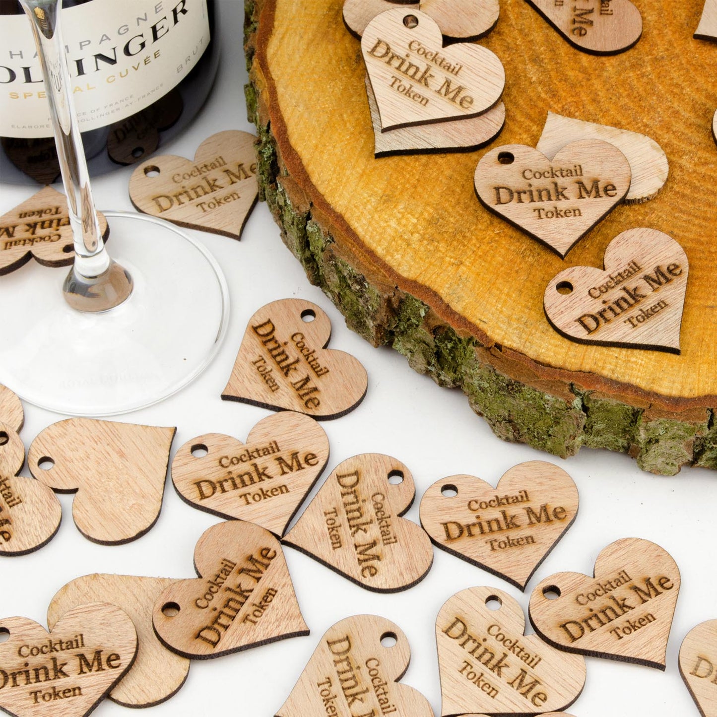 Personalised Wooden Drink Tokens - 4cm Hearts.