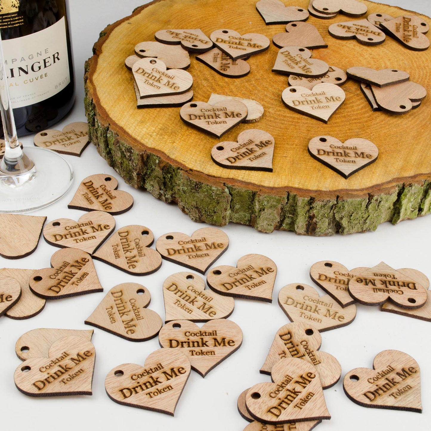 Personalised Wooden Drink Tokens - 4cm Hearts.