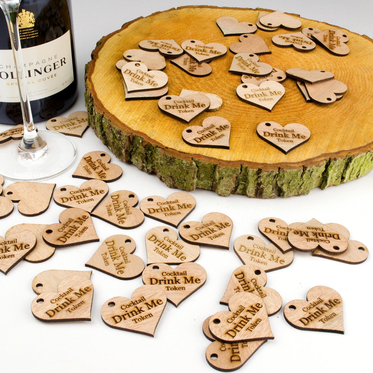 Personalised Wooden Drink Tokens - 4cm Hearts.