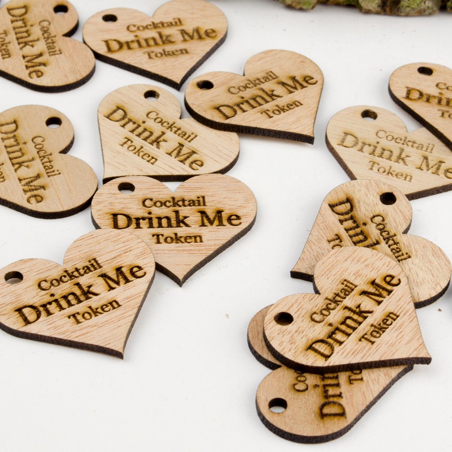 Personalised Wooden Drink Tokens - 4cm Hearts.