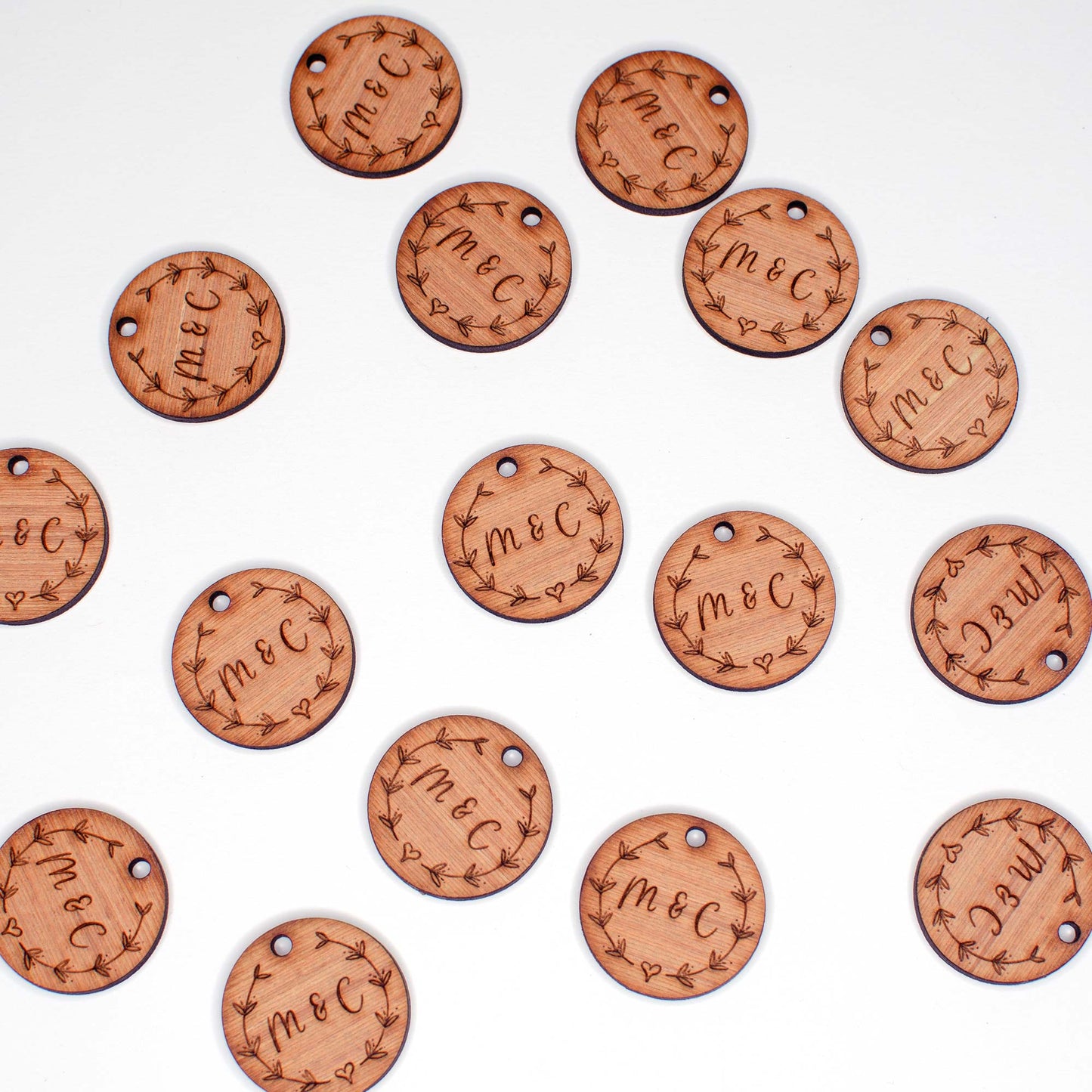 Round Wooden Favours with Flower Motif.