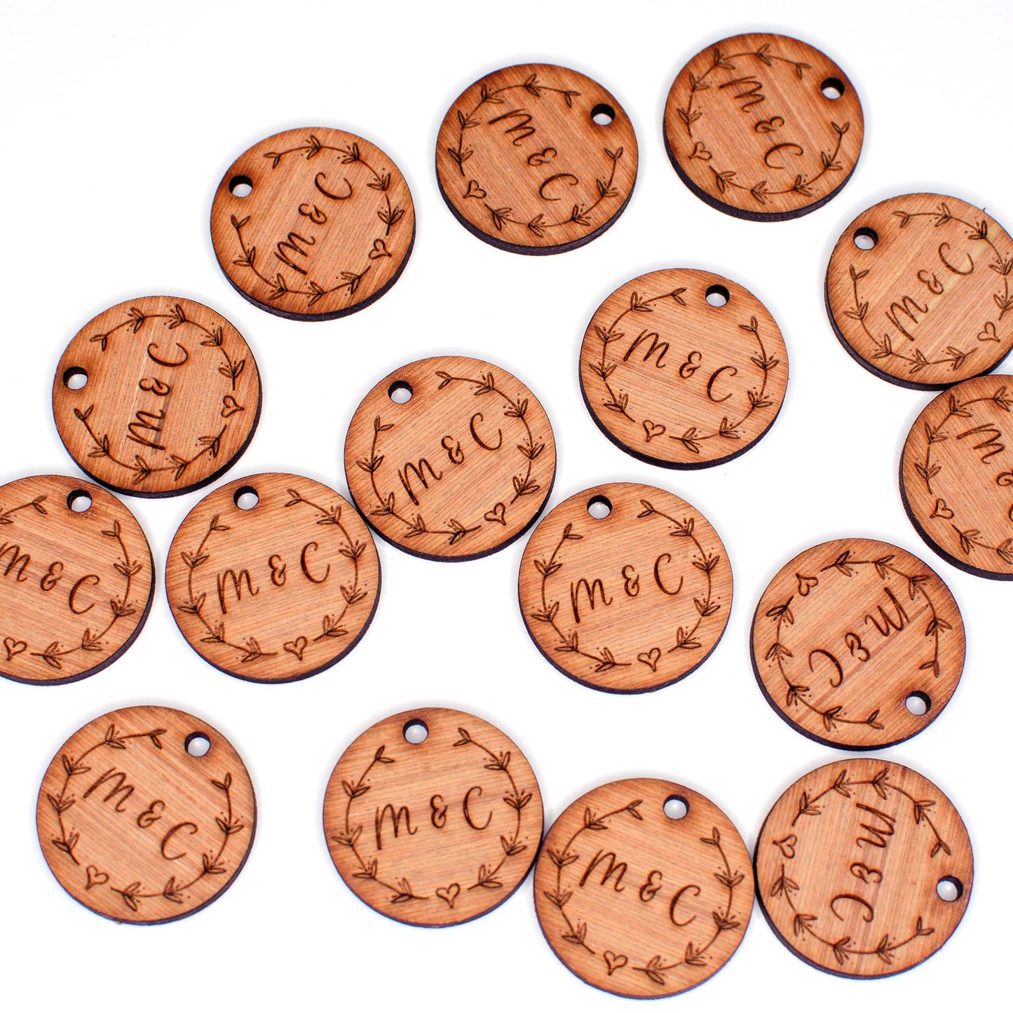 Round Wooden Favours with Flower Motif.