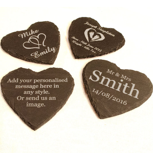 Personalised Heart Slate Coasters - Engraved With Any Message.