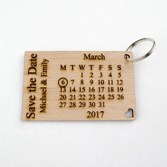 Personalised Wooden Save the Date Key Rings.