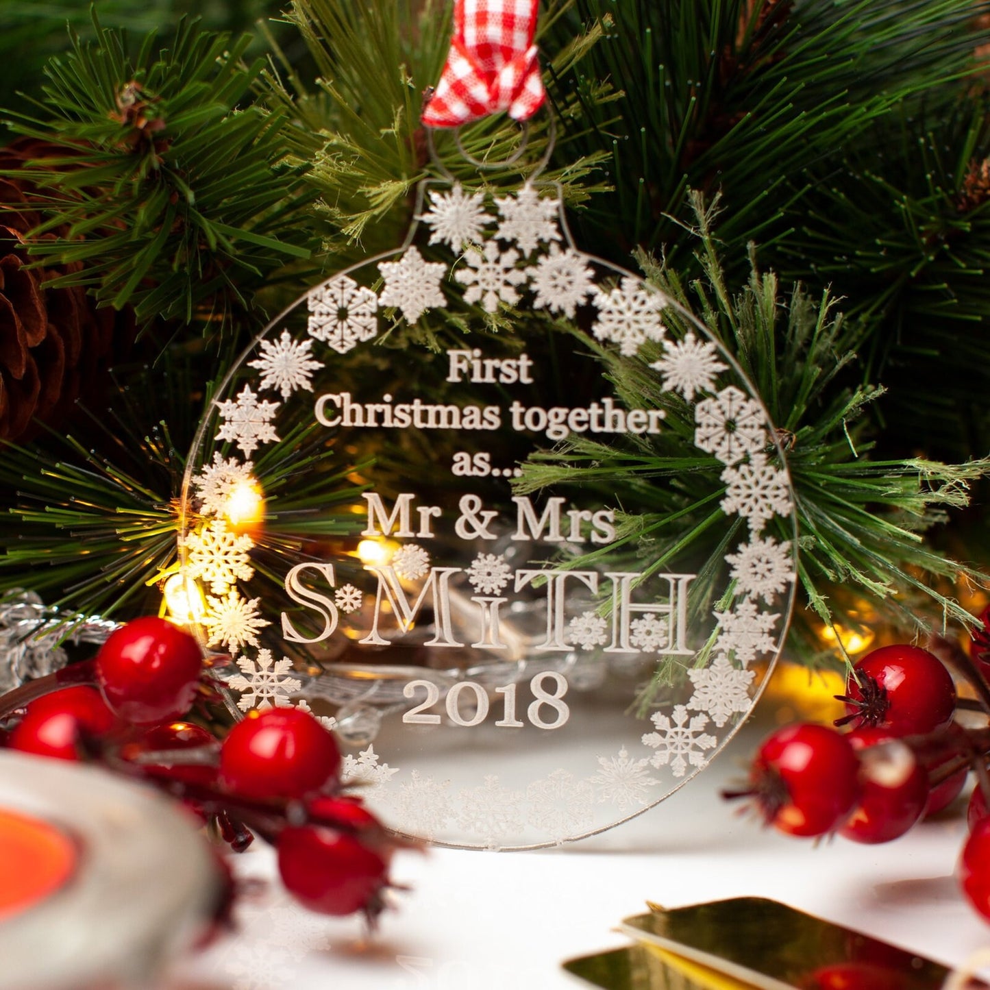 Personalised Mr & Mrs Christmas Decoration, Clear.