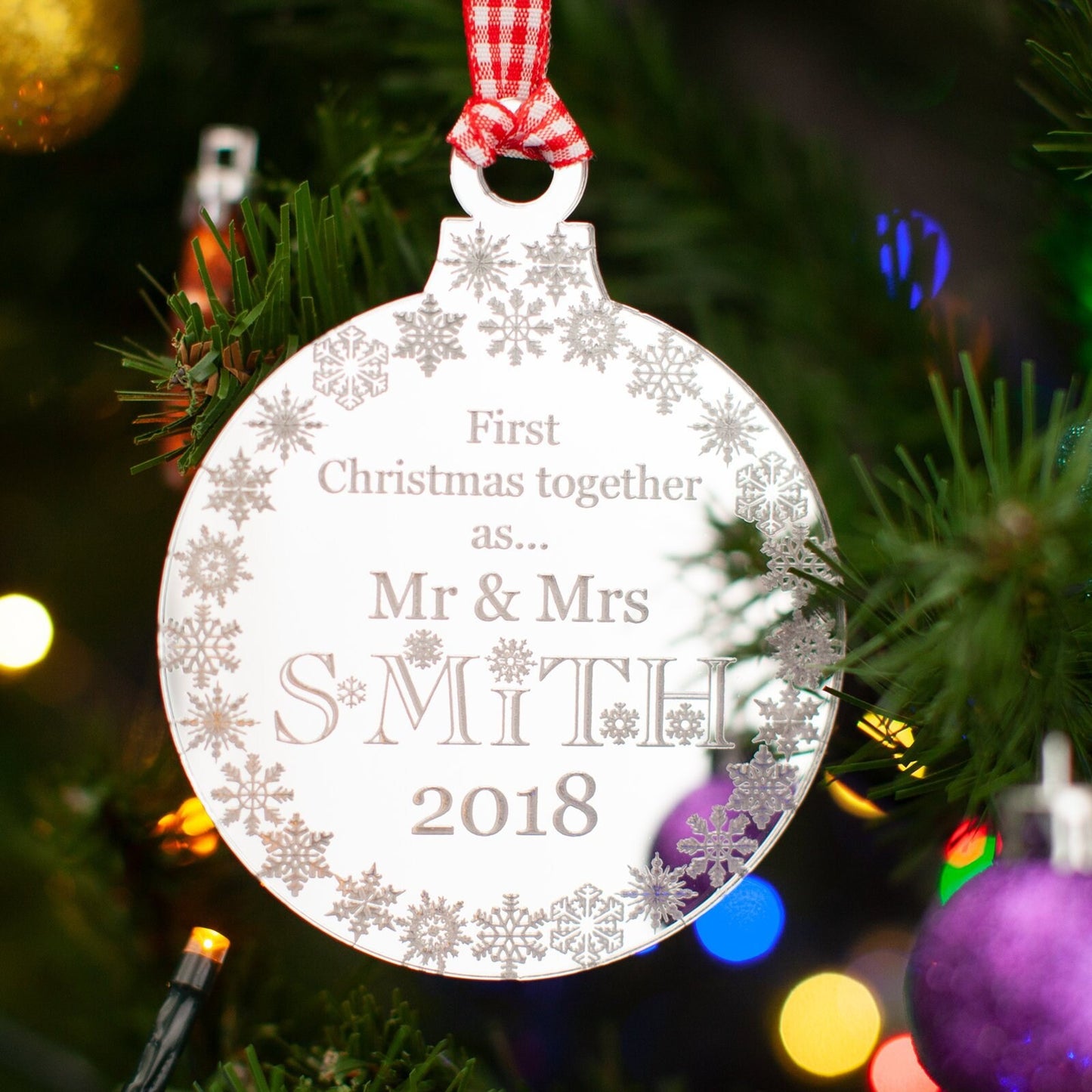 Personalised Mr & Mrs Christmas Decoration. Mirrored.