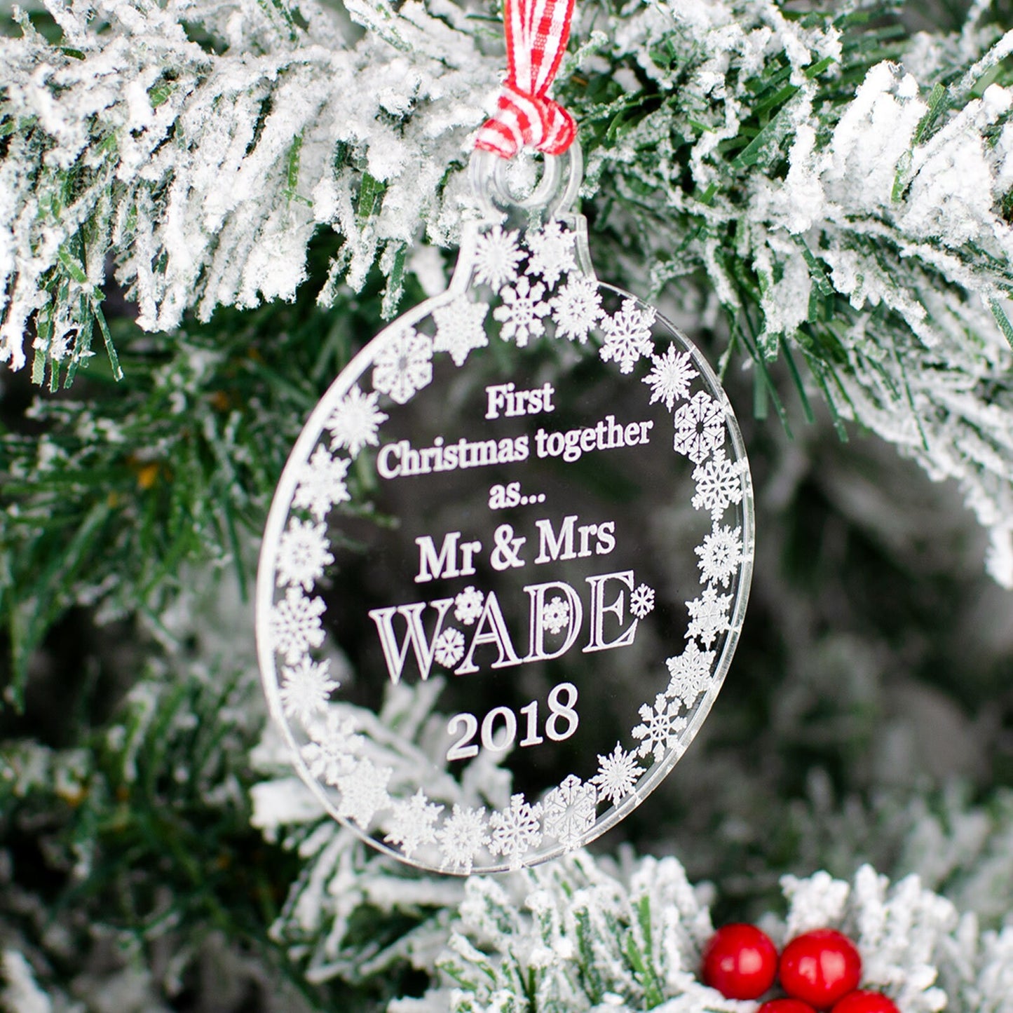 Personalised Mr & Mrs Christmas Decoration, Clear.