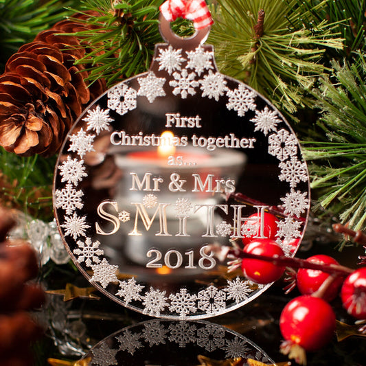 Personalised Mr & Mrs Christmas Decoration. Mirrored.