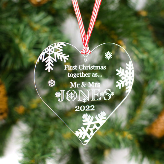 First Christmas Together,  Personalised Heart Christmas Decoration, Clear.