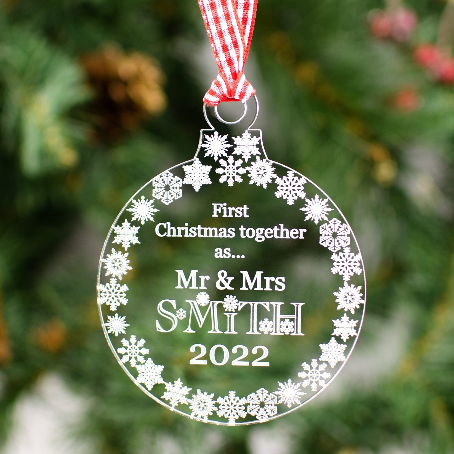 Personalised Mr & Mrs Christmas Decoration, Clear.